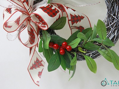 Vòng nguyệt quế Noel nửa vòng thắt nơ ĐK30cm VNGQ-X-43